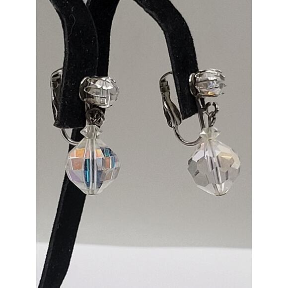 Vintage Jonne Schreiner Aurora Borealis Crystal Clip Earrings Silver Tone - Picture 2 of 6